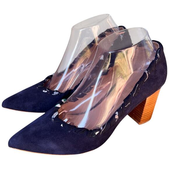 Anthropologie Shoes - Anthropologie Women's 8.5M Navy Whipstitch Braided Ribbon Suede Block Heels